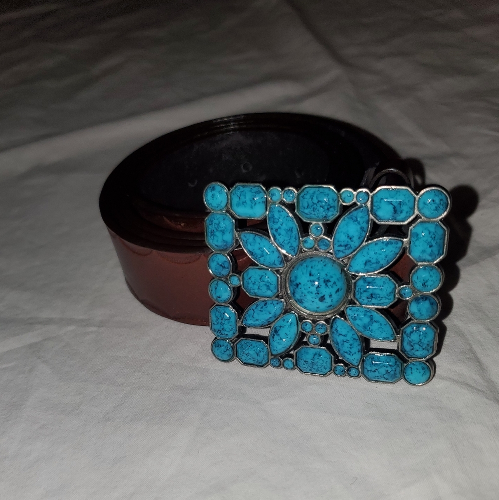 Turquoise stone floral square belt buckle brown faux leather belt.
